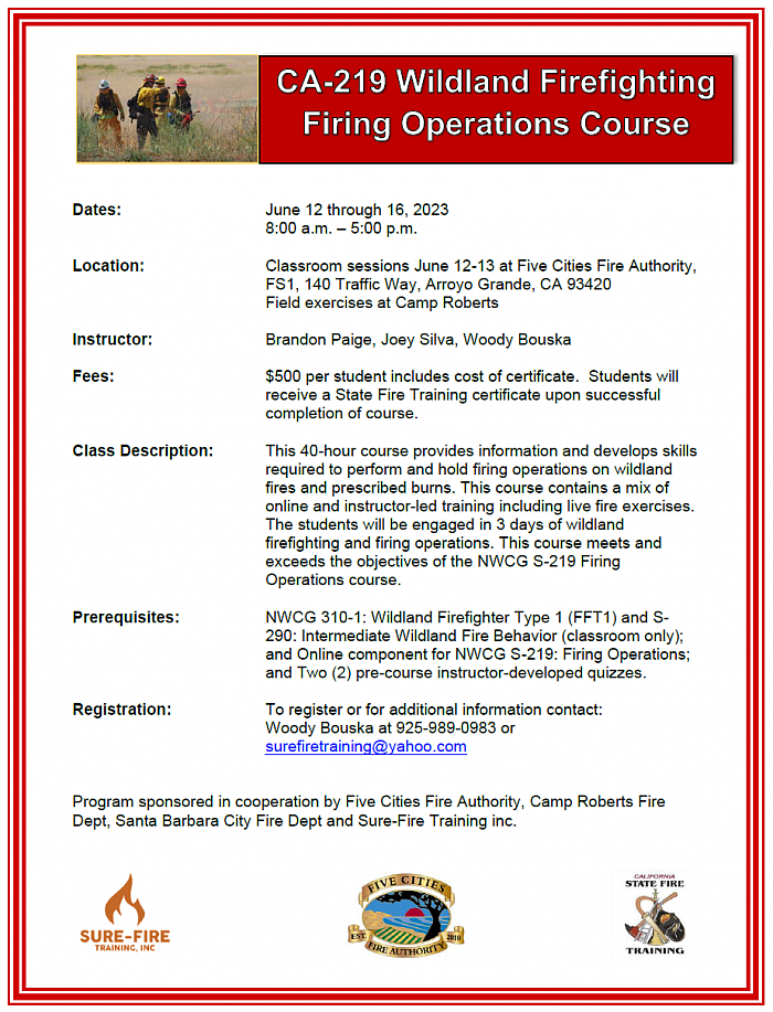 CA-219 Wildland Firefighting Firing Operations Course Flyer